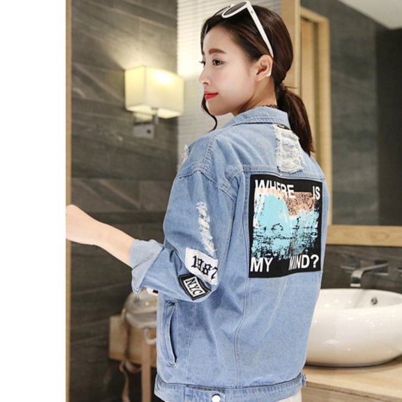 Korea Kpop Retro Frayed Embroidery Jean Jacket - Picture 1 of 5